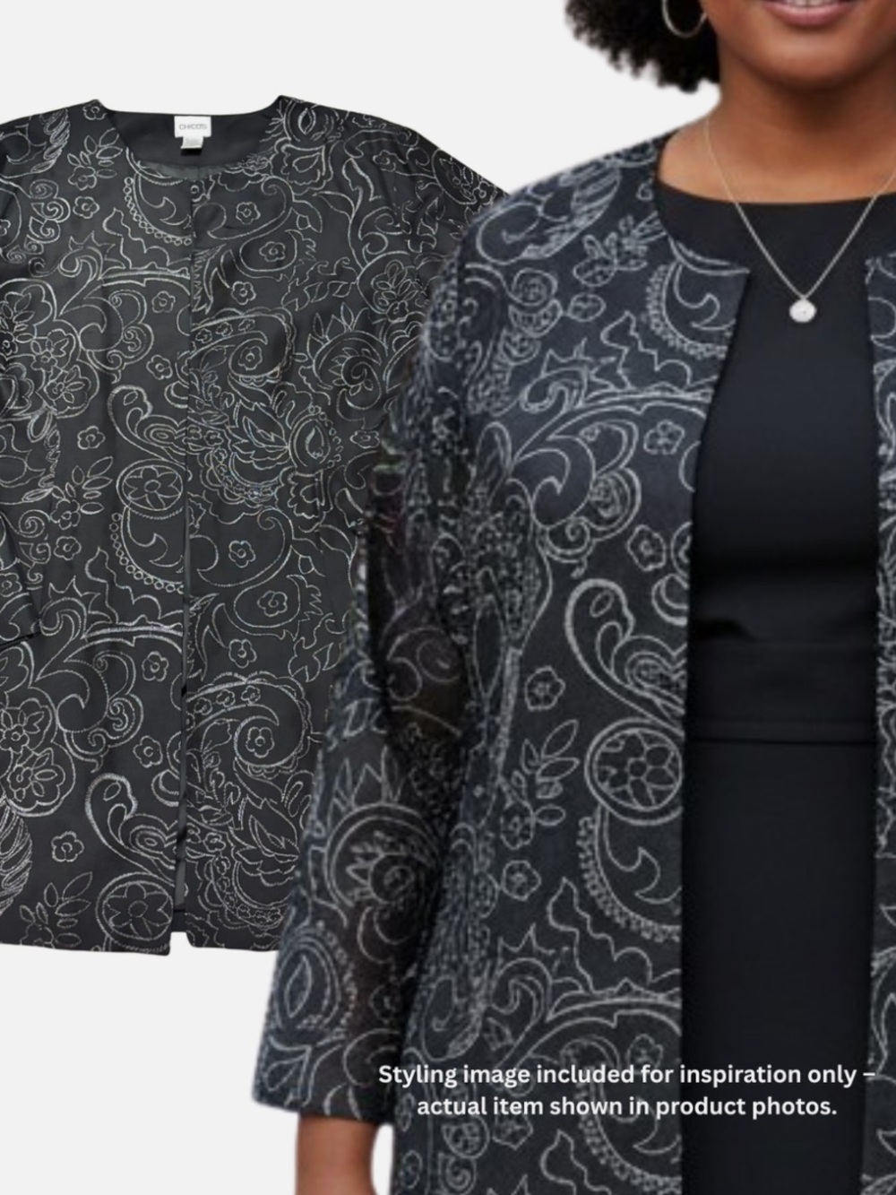 Chico's Silk Embroidered Duster Jacket Black Silver XL/16 Elegant Party Evening